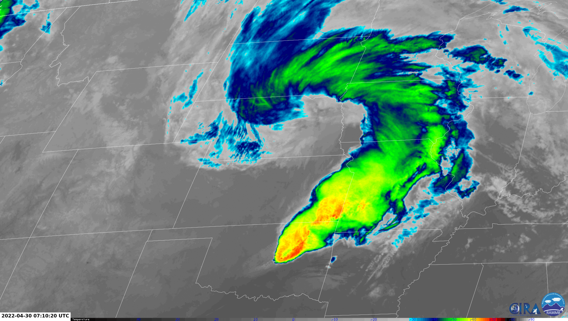 Satellitenbild um 9:10 Uhr MESZ mit dem Gewitterkomplex zwischen Kansas und Oklahoma - CIRA/RAMMB