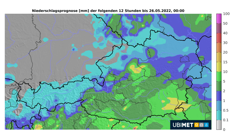 Prognose der 12-stündigen Niederschlagsmenge am Mittwochnachmittag und - abend - UBIMET