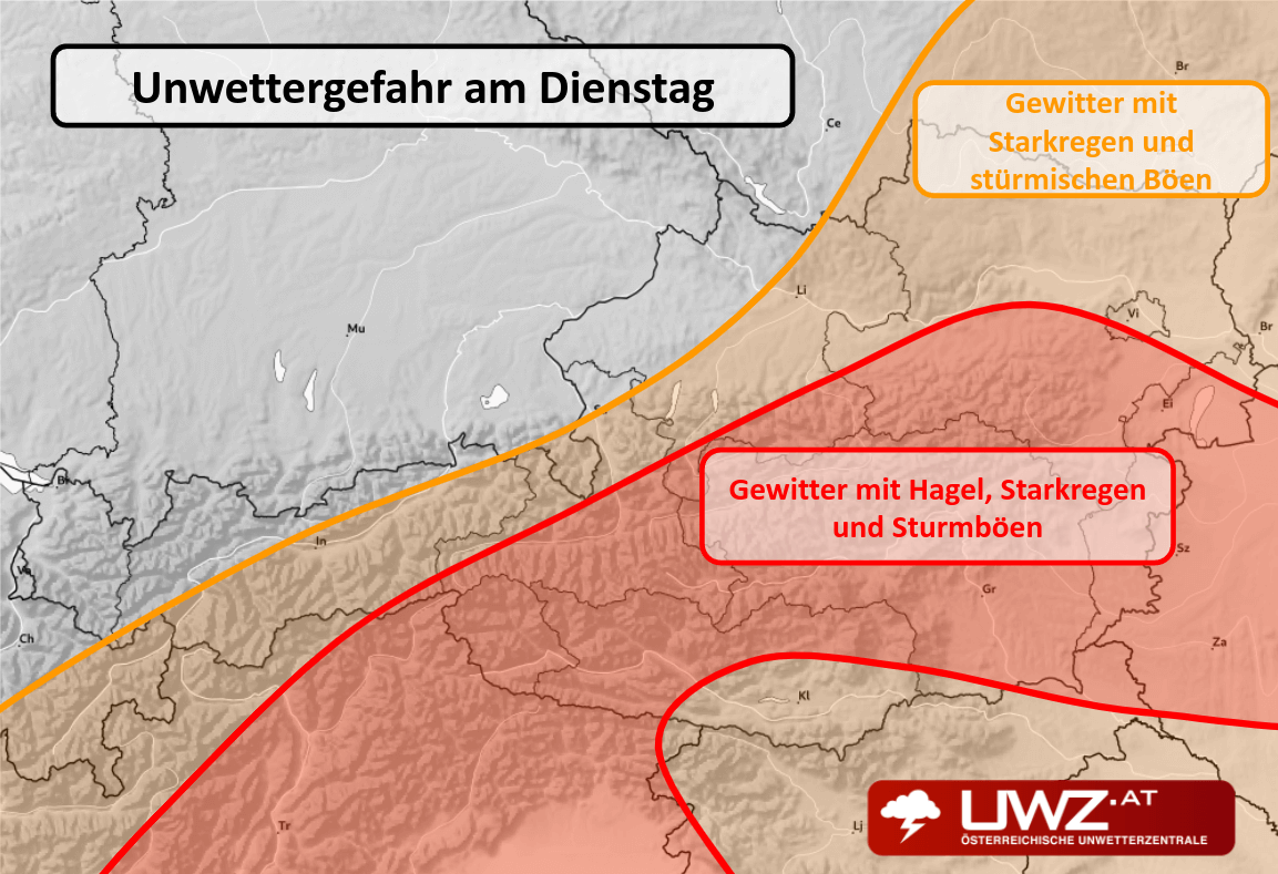 Gewitter am Dienstag von Lienz und Graz bis nach Wien und Eisenstadt