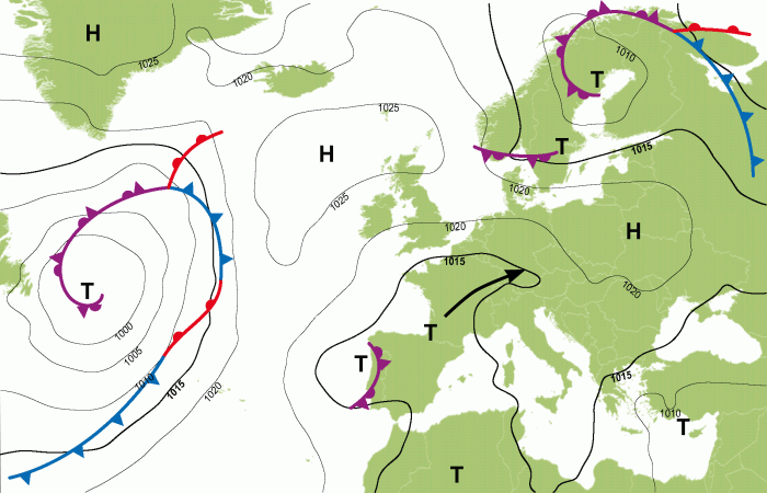 Wetterlage am Freitag, ein Tief zieht von Frankreich in Richtung Alpenraum und bringt teils schwere Gewitter mit sich - UBIMET