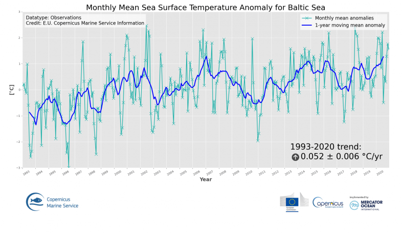 Zeitreihe der Temperaturanomalie für die gesamte Ostsee von 1993 bis 2020 - Copernicus Marine Service