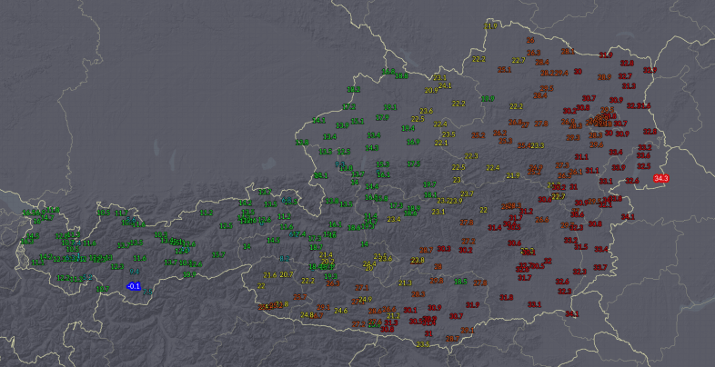 Temperaturen (2m) um 16 Uhr in Österreich. Quelle: UBIMET