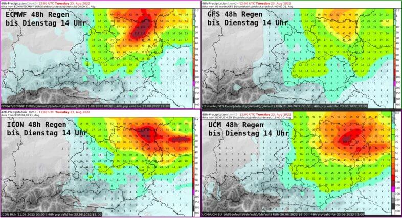 48h Niederschlagssumme bis Dienstag 14 Uhr laut 4 wichtigen Wettermodellen - ECMWF, GFS, ICON, UBIMET-UCM