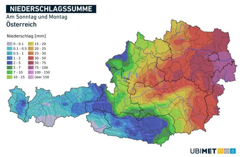 Prognostizierte Niederschlagssumme am Sonntag und Montag - UBIMET