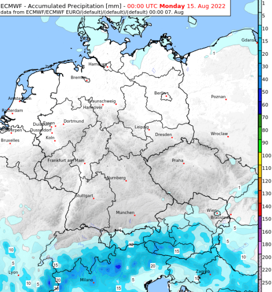Akkumulierte Niederschlagsmenge über Mitteleuropa für die kommenden Tage bis inklusive Sonntag 14.08.2022 - ECMWF IFS Modell, UBIMET