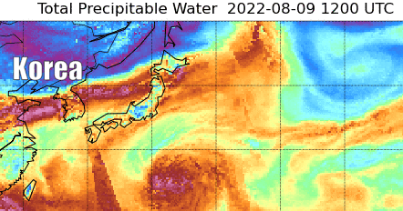 Beobachteter Wassergehalt der Atmosphäre (Precipitable Water) in den letzten Stunden rund um Korea - http://tropic.ssec.wisc.edu/ 