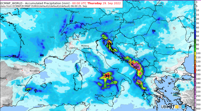 Prognose der akkumulierten Niederschlagsmenge in l/m² bis inklusive Mittwoch am Mittelmeer - ECMWF IFS Modell, UBIMET