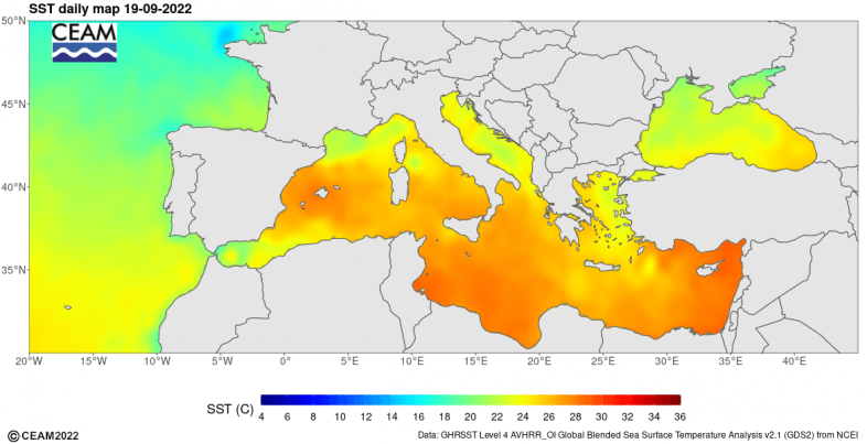 Satellitenmessung der Wassertemperatur an der Oberfläche am Mittelmeer am 19.09.2022 - CEAM http://www.ceam.es/ceamet/SST/index.html