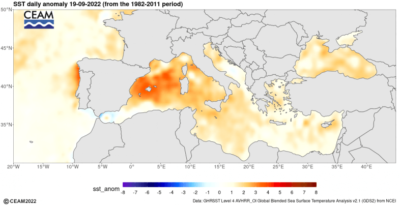 Anomalie der Wassertemperatur an der Oberfläche am Mittelmeer am 19.09.2022 - CEAM http://www.ceam.es/ceamet/SST/index.html
