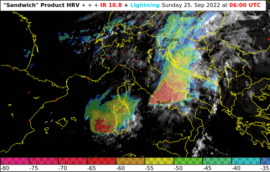 Satellitenanimation der heftigen Gewitter (rötliche Töne = sehr kalte und somit auch sehr hochreichende Gewitterwolken) zwischen Sardinien und Mittel- und Süditalien am Sonntagvormittag - EUMETSAT, UBIMET