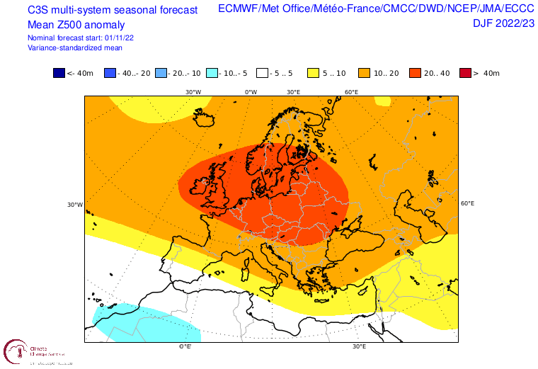 Anomalie der Großwetterlage für den Winter 2022 in Europa (rot = höherer Luftdruck als üblich) - ECMWF Copernicus