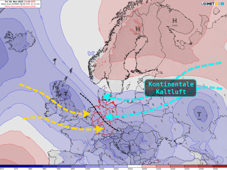 Großwetterlage (Bodendruck, hPa) in Europa am Freitag - UBIMET, ECMWF IFS Modell