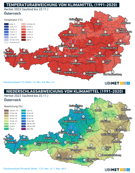 Temperatur- und Niederschlagsabweichung vom Klimamittel in Österreich für den Herbst 2022 bis dato - UBIMET