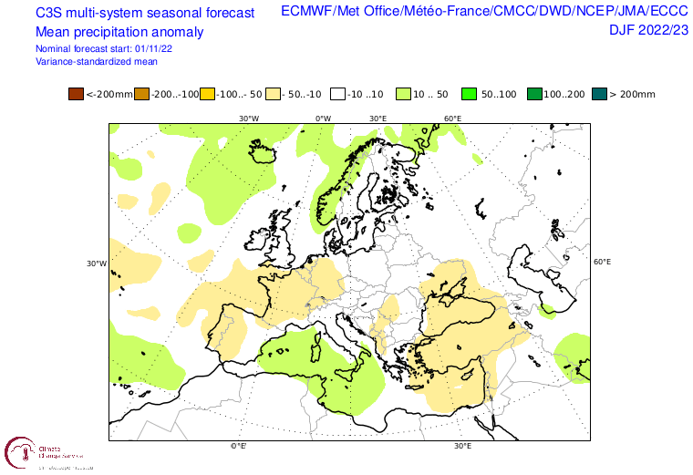 Anomalie der Gesamtniederschläge für den Winter 2022 in Europa (grün = zu nass, gelb = zu trocken) - ECMWF Copernicus