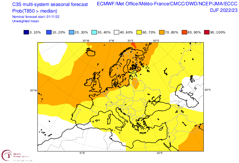 Wahrscheinlichkeit für einen überdurchschnittlich warmen Winter 2022 in Europa im mittleren Höhenlagen (orange = sehr wahrscheinlich) - ECMWF Copernicus