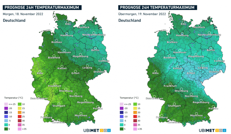 Prognose der Tageshöchstwerte am Freitag (links) und Samstag (rechts) - uwr.de/UBIMET