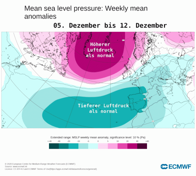 Prognose des wöchentlichen Druckanomalien (violett = höherer Luftdruck als üblich, blau/grün = tieferer Luftdruck als üblich) für die kommenden drei Wochen - ECMWF