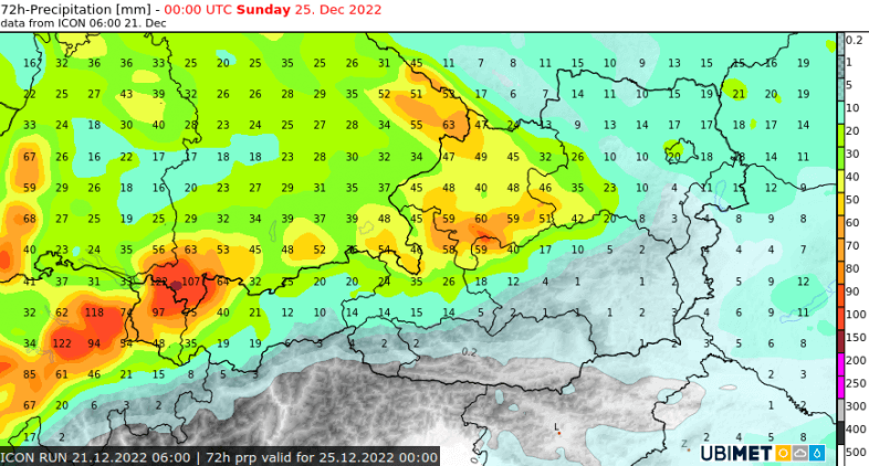 Prognostizierte, 3-tägige Niederschlagsmenge von Donnerstag bis Samstag in l/m² - DWD ICON Modell, UBIMET
