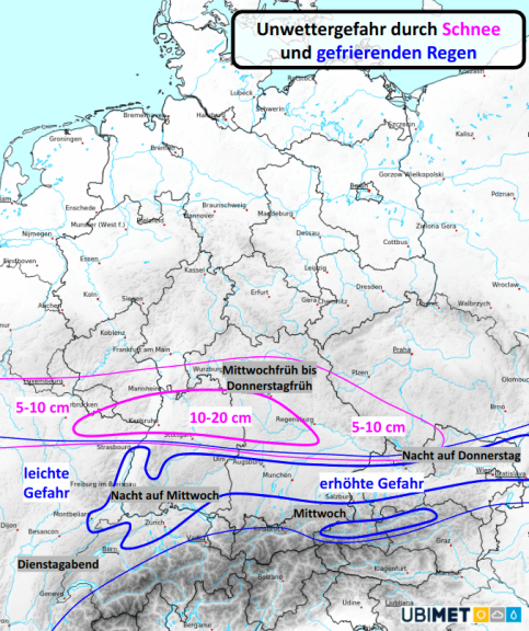 Prognostizierter Verlauf der Luftmassengrenze und ihre Auswirkungen am Mittwoch, den 14.12.2022 © UBIMET
