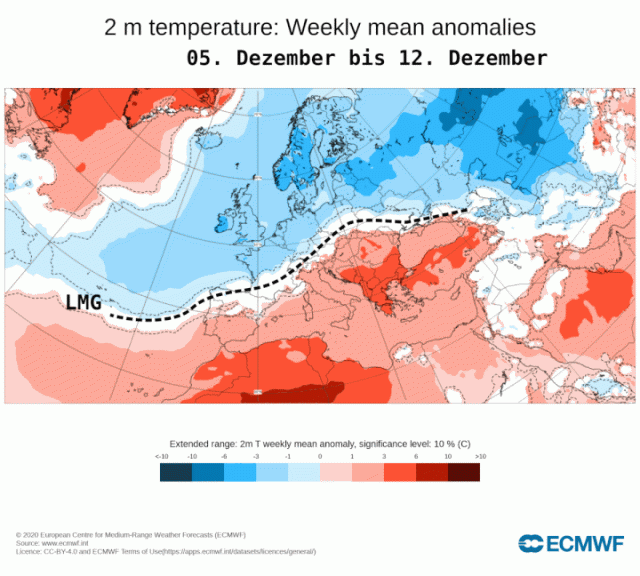 Prognose der wöchentlichen Temperaturanomalien (rot = zu mild, blau = zu kalt) für die kommenden drei Wochen. Auf dem Bild klicken um die Animation zu starten - ECMWF