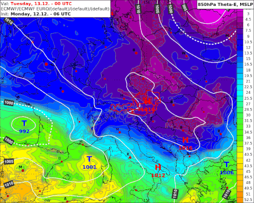 Animation der Luftmassen (blau-violett = sehr kalt, gelb-orange = mild) sowie des Luftdrucks (weiße Linien) von Dienstag bis Donnerstag - UBIMET, ECMWF IFS Modell