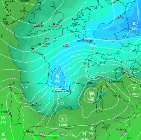 Animation der Bodendruck (weiße Linien) und der Luftmassen (blau = kalt, grün/gelb = mild) im Südwesten Europas in den letzten 24 Stunden. Sturmtief JULIETTE und Mallorca im untersten Teil der Animation - ECMWF, UBIMET