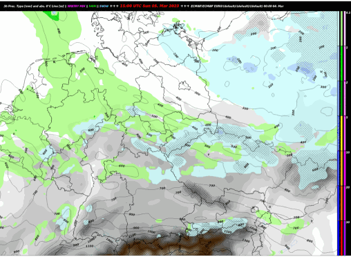 Animation der 3-stündigen Niederschläge (blau = Schnee, grün = Regen) von Sonntag bis Montag - ECMWF, UBIMET