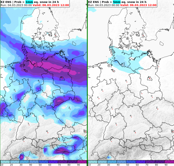 Wahrscheinlichkeit (in Prozent) für mindestens 1 cm Schnee (links) und 5 cm Schnee (rechts) von Sonntagmittag bis Montagmittag - ECMWF Ensemble