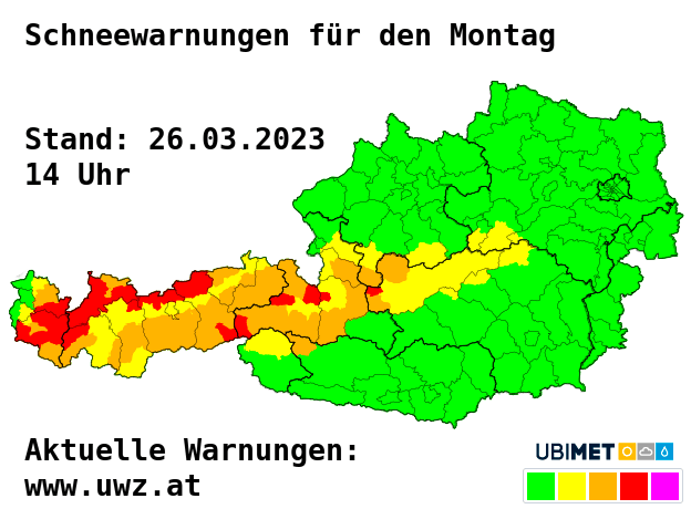 Schneewarnungen und -vorwarnungen für den Montag - UBIMET, Österreichische Unwetterzentrale (UWZ)