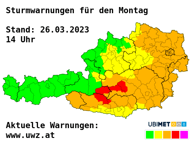 Sturmwarnungen und -vorwarnungen für den Montag - UBIMET, Österreichische Unwetterzentrale (UWZ)