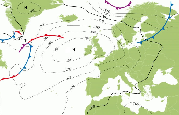 Europa - Bodendruck- und Frontenkarte für Freitag 26. Mai 2023, 14 Uhr MESZ (Quelle: UBIMET)