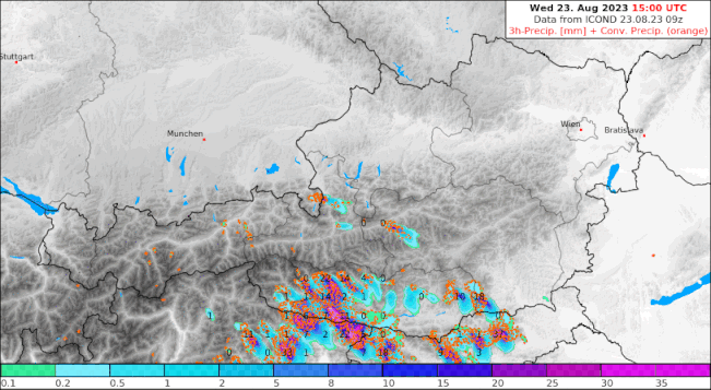 Prognostizierte, 3-stündige Niederschlagsmenge vom Modell ICON D2 bis ind die Nacht auf Donnerstag - DWD, UBIMET