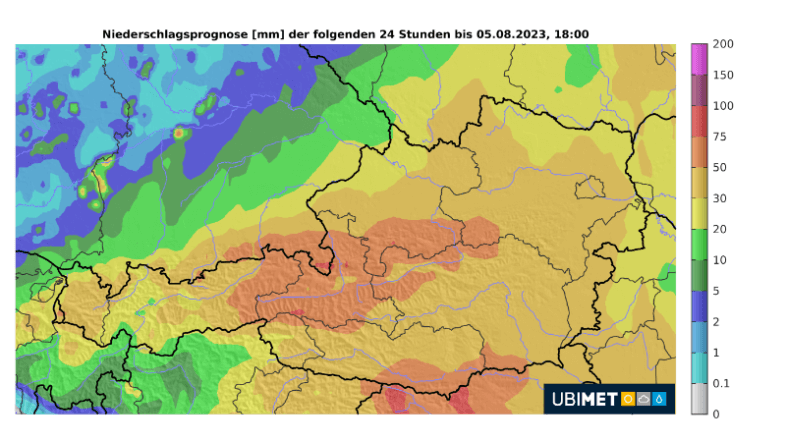 Niederschlagsprognose für die kommenden 24 Stunden bis Samstagabend - UBIMET