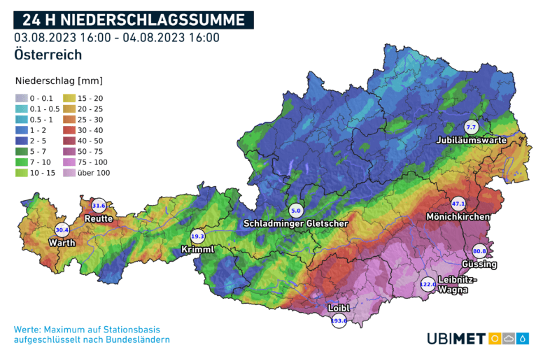24-stündige Niederschlagsmenge bis Freitag 16 Uhr MESZ - UBIMET