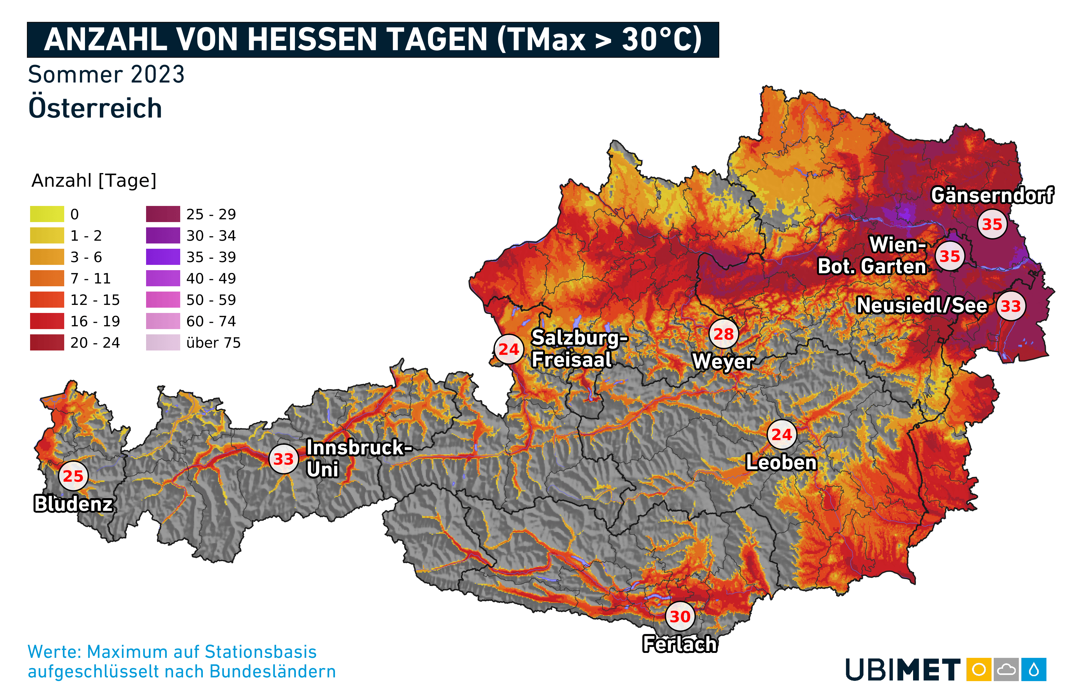 Anzahl der Hitzetage in Österreich im Sommer 2023 - UBIMET