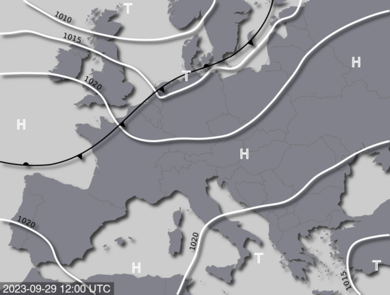 Bodendruck- und Frontenkarte für Freitag, 29. September 2023, 14 Uhr MESZ (Quelle: UBIMET)