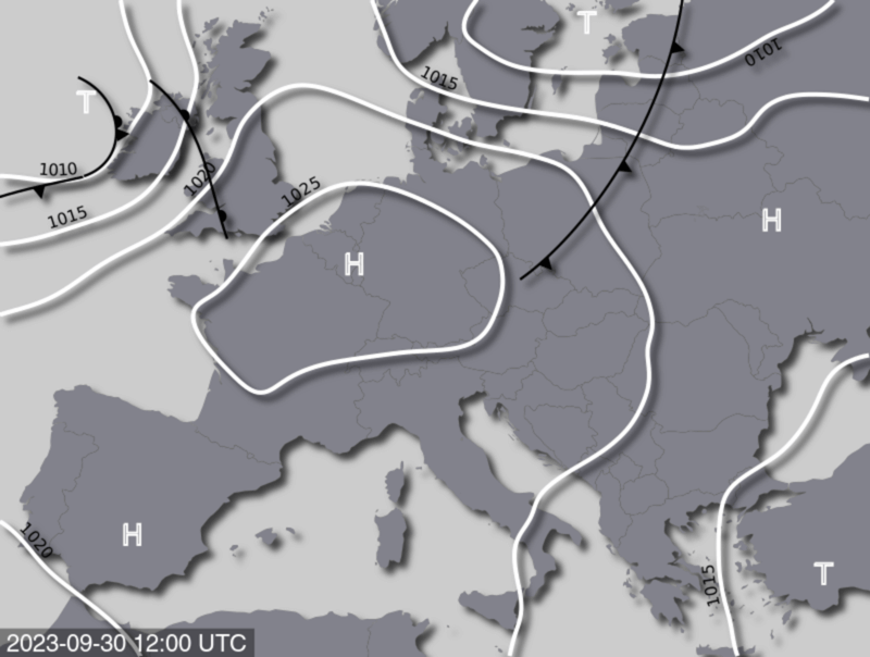 Bodendruck- und Frontenkarte für Samstag, 30. September 2023, 14 Uhr MESZ (Quelle: UBIMET)