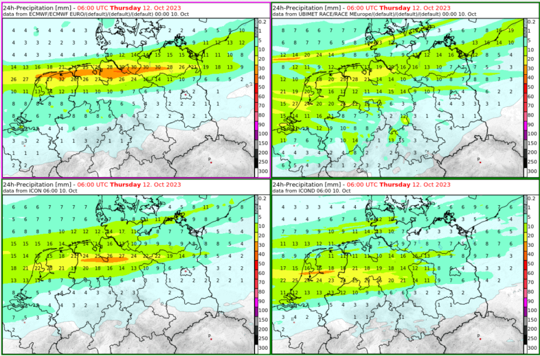 Prognose der 24-stündigen Niederschlagssumme am Mittwoch lauf verschiedenen Modellen - oben links ECMWF, oben rechts UBIMET-RACE, unten links DWD-ICON, unten rechts DWD-ICOND2