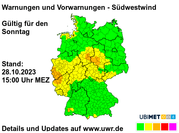 Windwarnungen und -vorwarnungen für Sonntag, Stand 28.10.2023 um 15 Uhr - Updates auf www.uwr.de