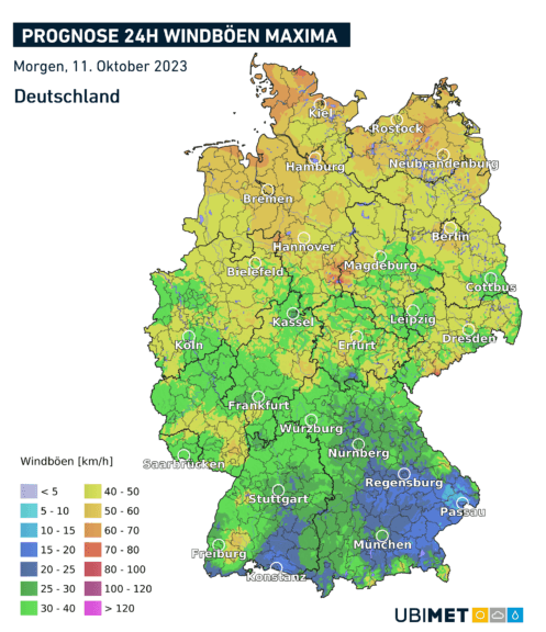Prognose der maximalen Windböen am Mittwoch - UBIMET, UWR.de