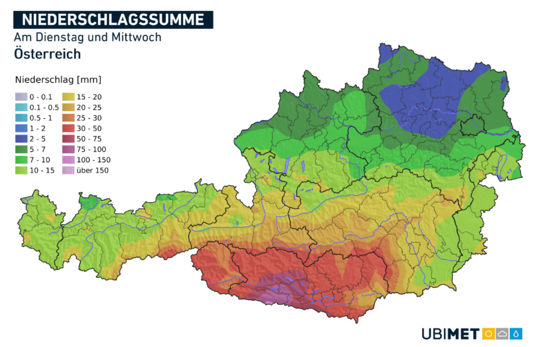 Prognose der Niederschlagssumme am Dienstag und Mittwoch - UBIMET