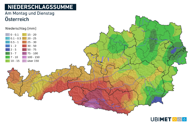Prognose der Niederschlagssumme am Montag und Dienstag - UBIMET