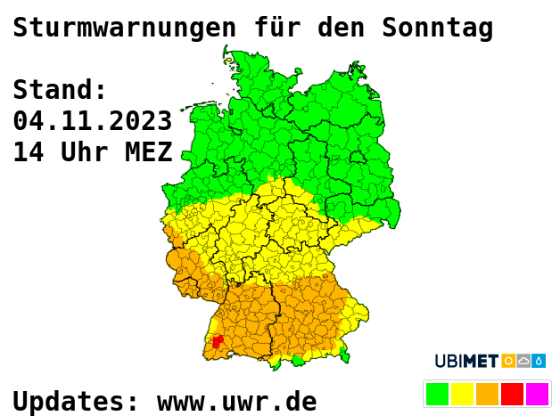 Windwarnungen und -vorwarnungen für Sonntag, Stand 04.11.2023 um 14 Uhr - Updates auf www.uwr.de