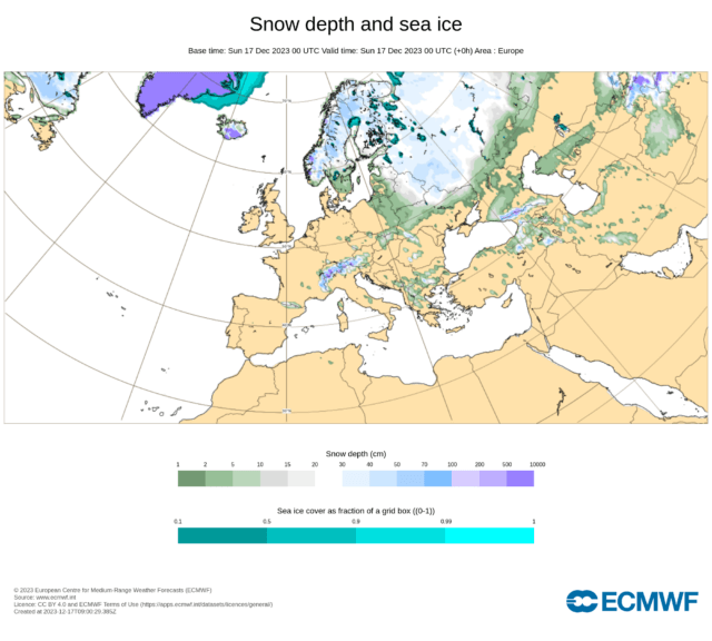 Die Schneelage 8 Tage vor Weihnachten. © ECMWF