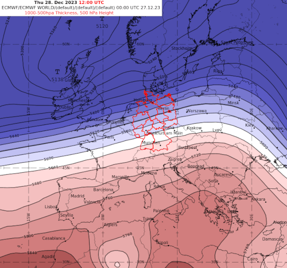 Animation der Wetterlage in mittleren Höhen bis zum Jahreswechsel (blau = Tiefdruckeinfluss, rot = Hochruckeinfluss) - ECMWF IFS Modell, UBIMET