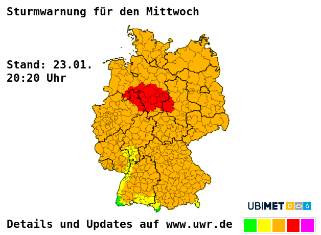 Warnungen vor Sturm am Mittwoch, Stand 23.01.2024, 20:20 Uhr @uwr.de