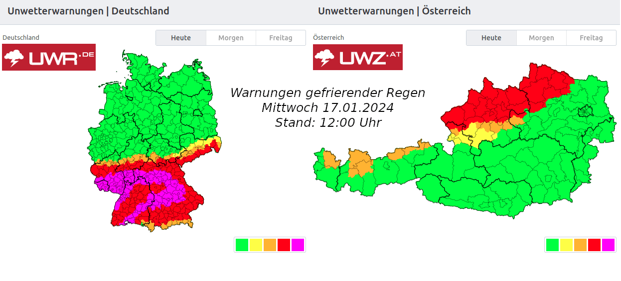 Warnungen vor gefrierendem Regen am Mittwoch in Deutschland und Österreich - uwr.de + uwz.at