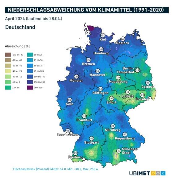 Abweichung der Monatsniederschläge für April 2024 in Deutschland (100% = doppelt so viel Niederschlag als klimatologisch erwartet) - UBIMET, DWD