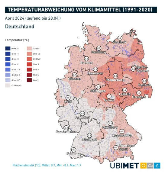 Temperaturanomalie für April 2024 in Deutschland - UBIMET, DWD