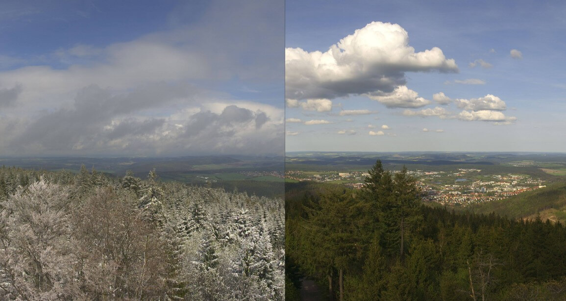 Der Thüringer Wald am 25. April 2024 (links) und am 29. April 2024 (rechts) - https://kickelhahn.panomax.com/